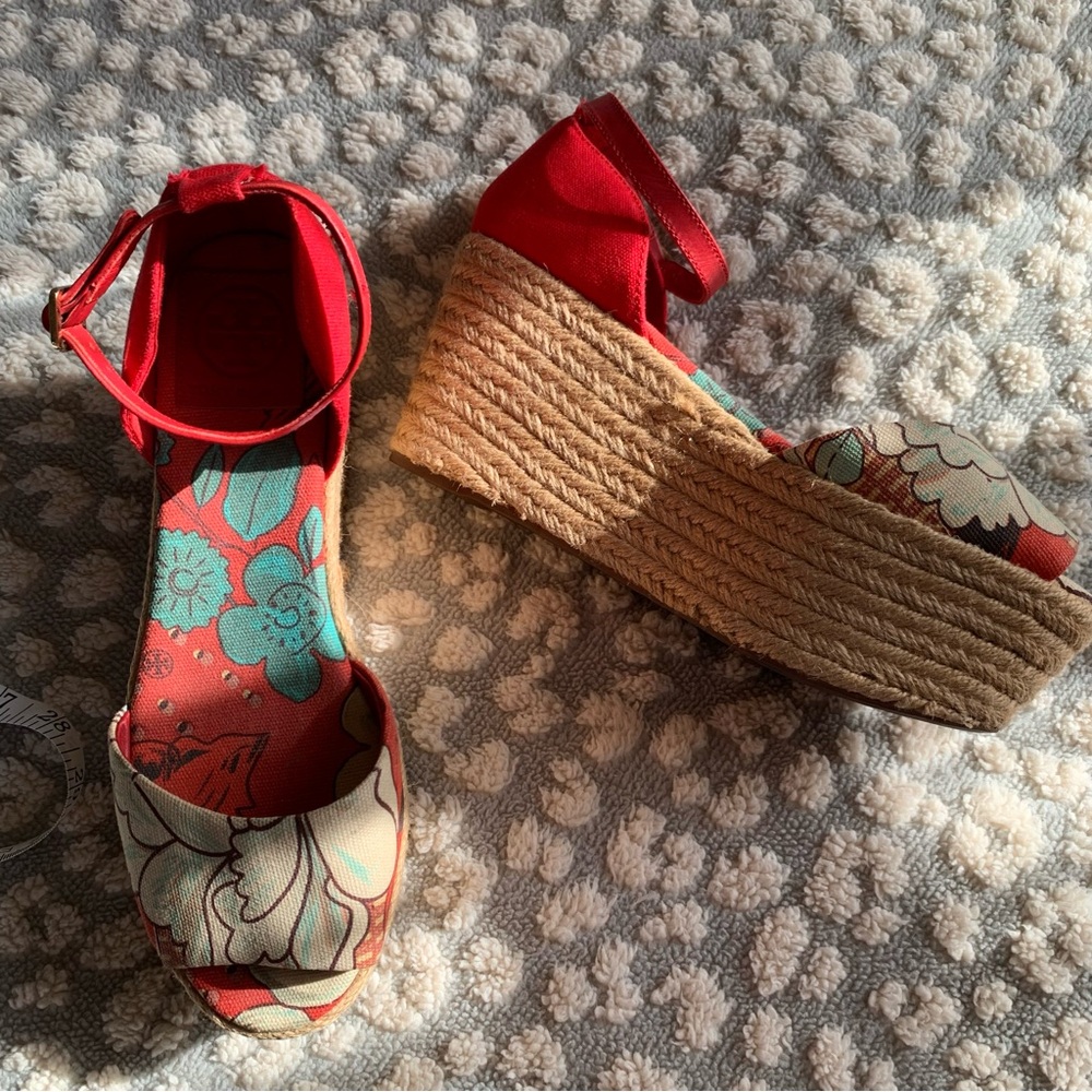 Tory Burch Red Floral Espadrille Wedge Sandals - Women's Floral Platform Heels